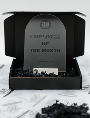 Frosted Acrylic Arch sign with wood stand Celebrating Excellence in Customized Employee Recognition