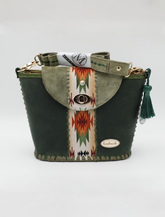 Sage Serenity: Handmade Western Tassel Handbag with Green Aztec Motifs