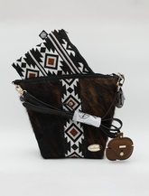Midnight Mesa: Handcrafted Western Tassel Handbag Set with Black and Brown Aztec Flair