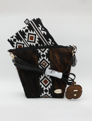 Midnight Mesa: Handcrafted Western Tassel Handbag Set with Black and Brown Aztec Flair