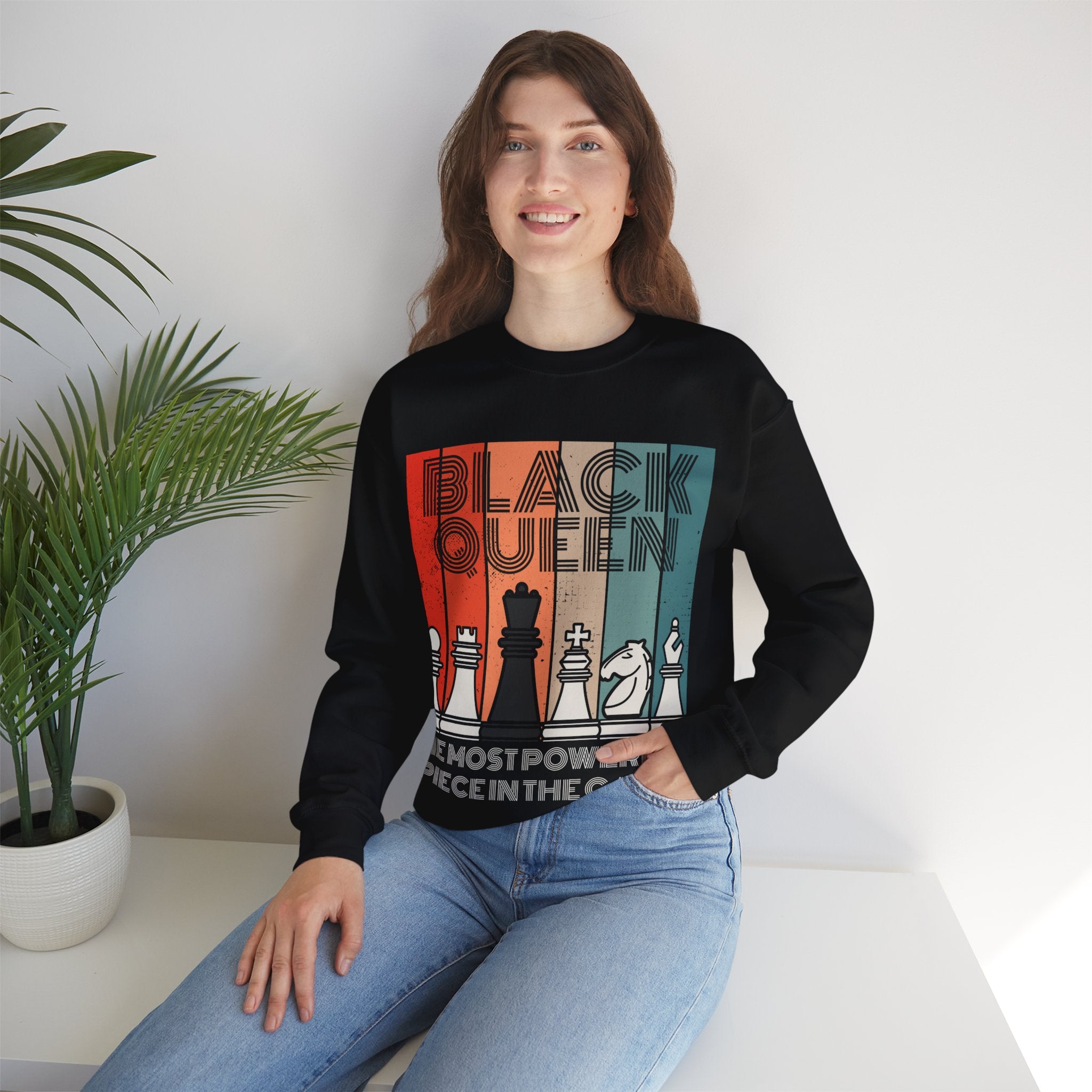 Womens Black Queen Most Powerful Chess African Crewneck Sweatshirt